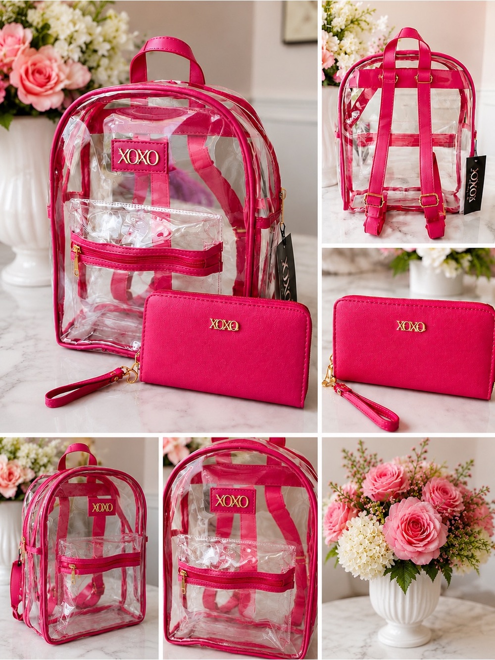 XOXO 2PC Clear Hot Pink Backpack with Matching Wallet